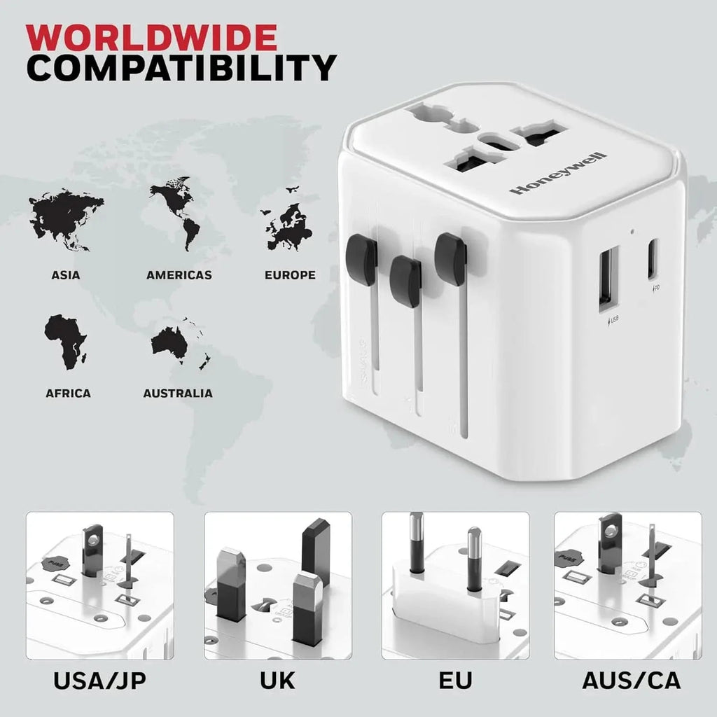 Honeywell New Launch Universal Travel Adapter 12W, 3-in-1 Fast Charging, Universal Socket, TypeC, USBA, Worldwide Wall Charger for EU,US,UK & CN/AUS White – TechCure India