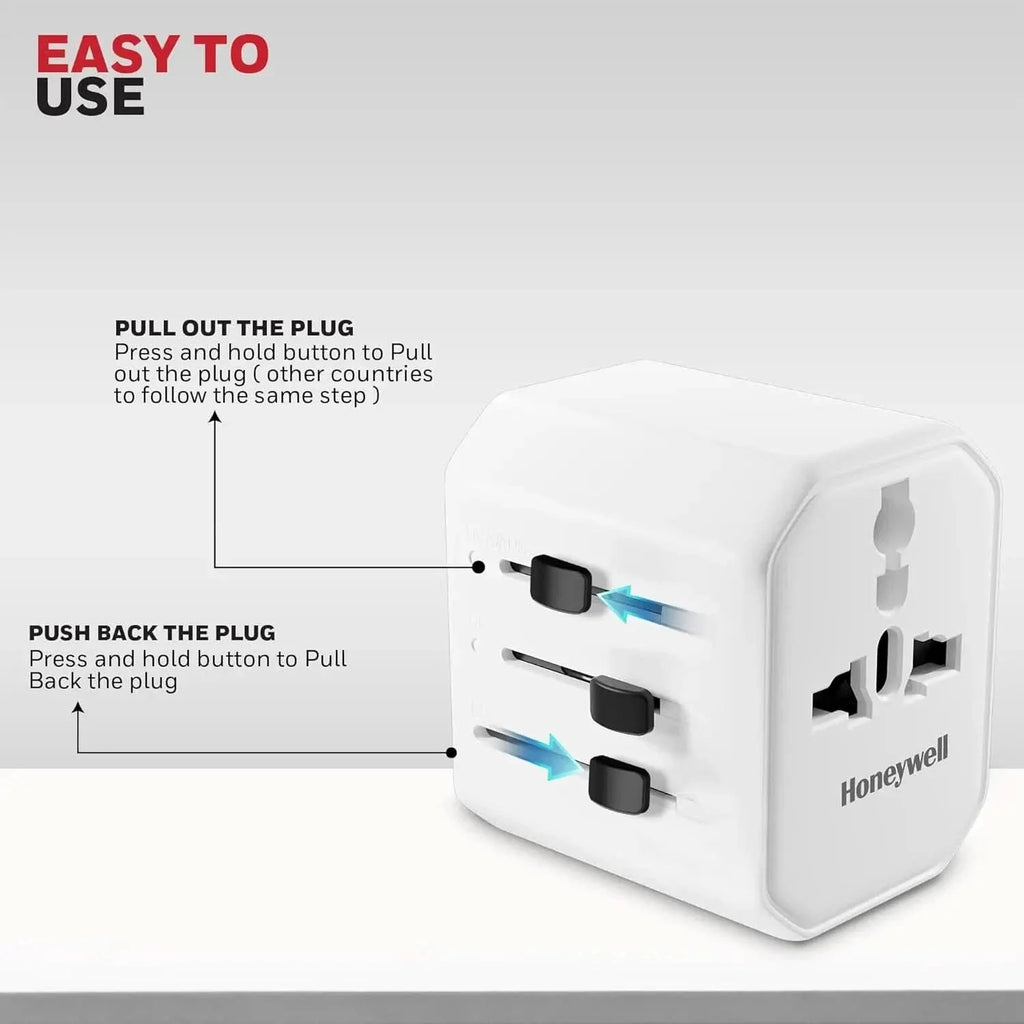 Honeywell New Launch Universal Travel Adapter 12W, 3-in-1 Fast Charging, Universal Socket, TypeC, USBA, Worldwide Wall Charger for EU,US,UK & CN/AUS White – TechCure India