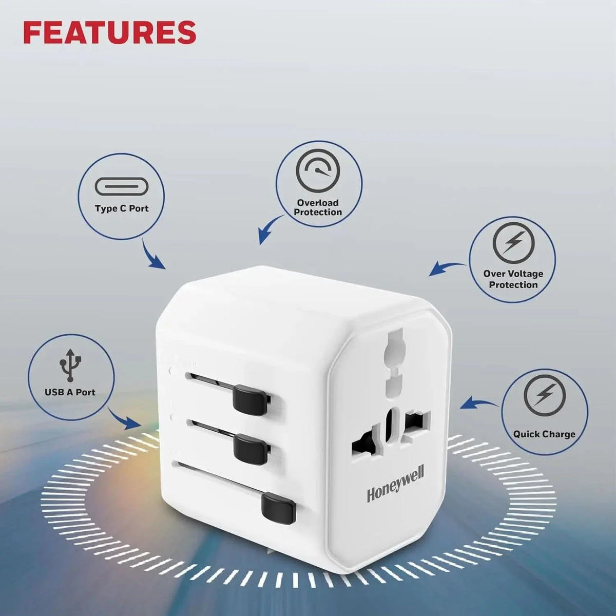 Honeywell New Launch Universal Travel Adapter 38W, 3-in-1 Fast Charging, Universal Socket, TypeC, USBA, Worldwide Wall Charger for EU,US,UK & CN/AUS White – TechCure India