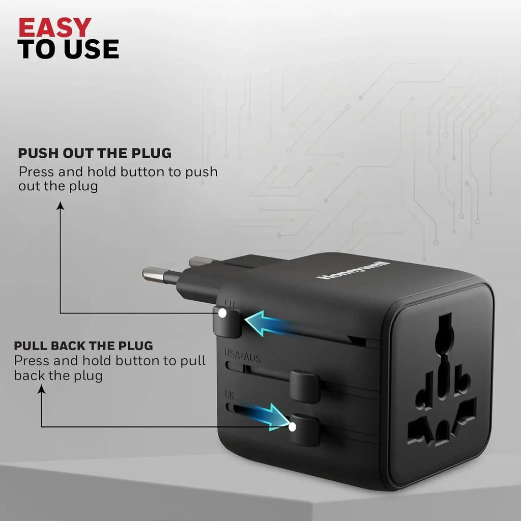 Honeywell New World Travel Adapter, Universal & US Socket, Charge 2 Devices Simultaneously, Worldwide Plug for EU, US, UK & CN/AUS, Overload & Over Voltage Protection – TechCure India