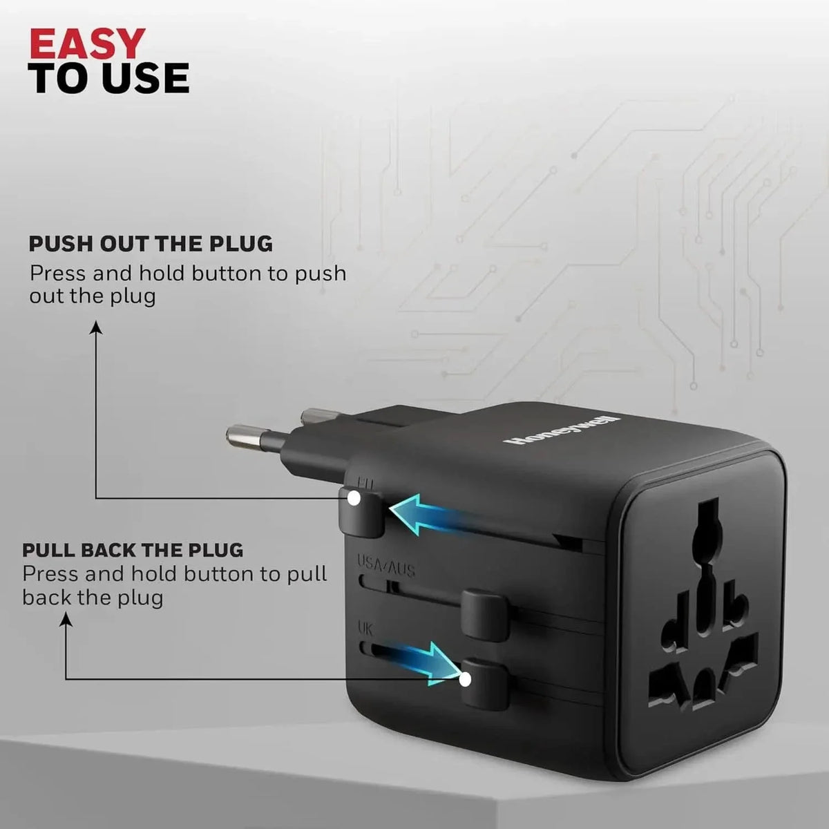 Honeywell New World Travel Adapter, Universal & US Socket, Charge 2 Devices Simultaneously, Worldwide Plug for EU, US, UK & CN/AUS, Overload & Over Voltage Protection – TechCure India