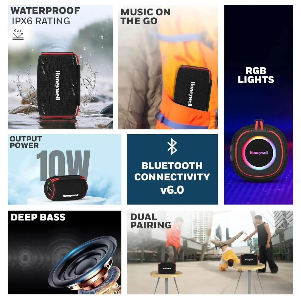 Honeywell Suono P310 Bluetooth 6.0 Speaker, 10W, Deep Bass Dual Radiators, 12H Playback, IPX6, Dual Speaker Pairing, RGB Lights, USB/AUX/SD, Type-C Charging, Built-in Mic, 2yr Manufacturer Warranty – TechCure India