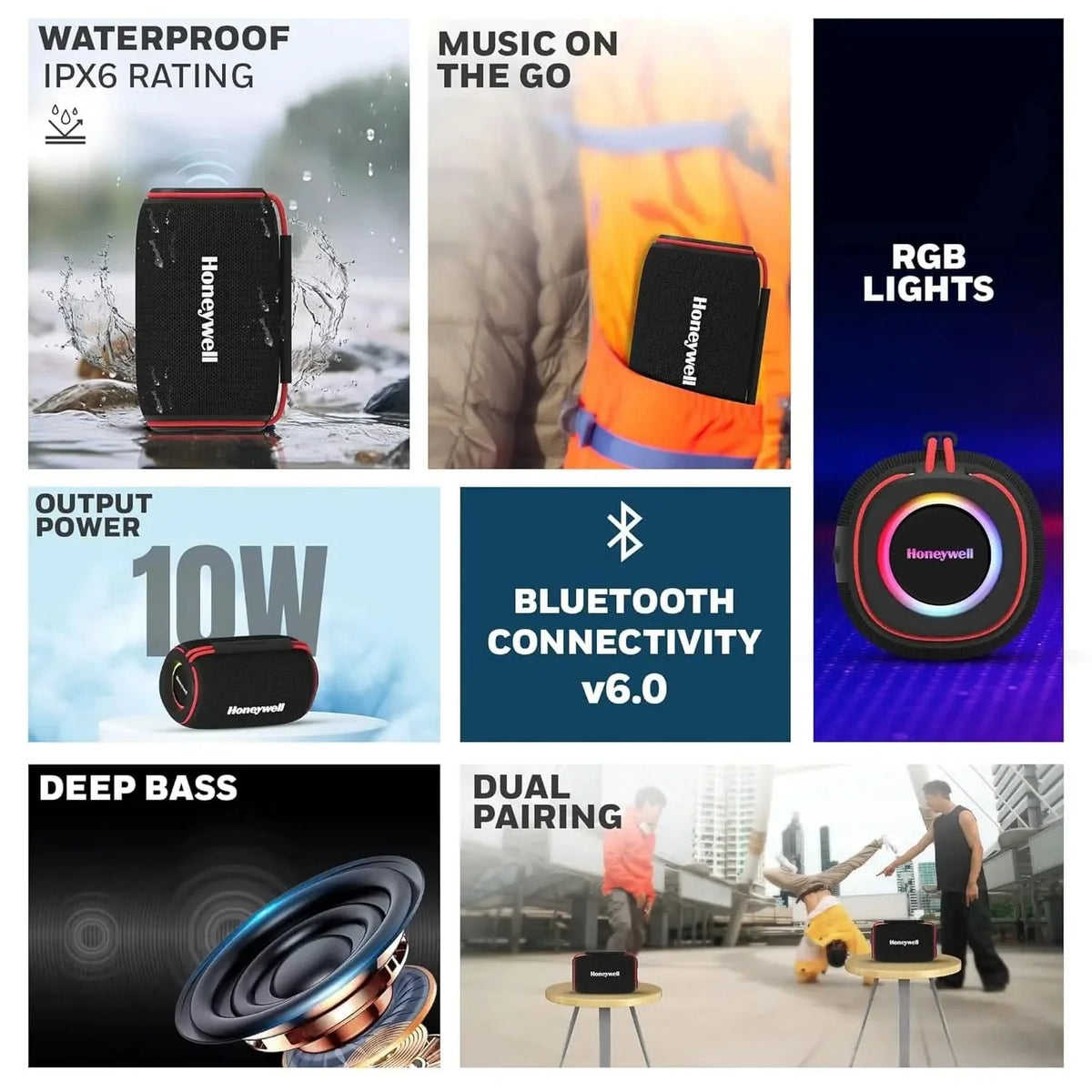 Honeywell Suono P310 Bluetooth 6.0 Speaker, 10W, Deep Bass Dual Radiators, 12H Playback, IPX6, Dual Speaker Pairing, RGB Lights, USB/AUX/SD, Type-C Charging, Built-in Mic, 2yr Manufacturer Warranty – TechCure India