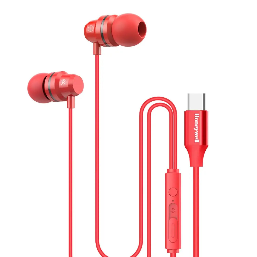 Honeywell Suono P60 Wired Earphones with Built in Mic, 10mm*2 Drivers, Passive Noise Cancellation, Deep Bass & Clear Sound, Ultra HD Mic Quality, Type C Compatible, Voice Assistant Enabled, 1.2 Mtr Red – TechCure India