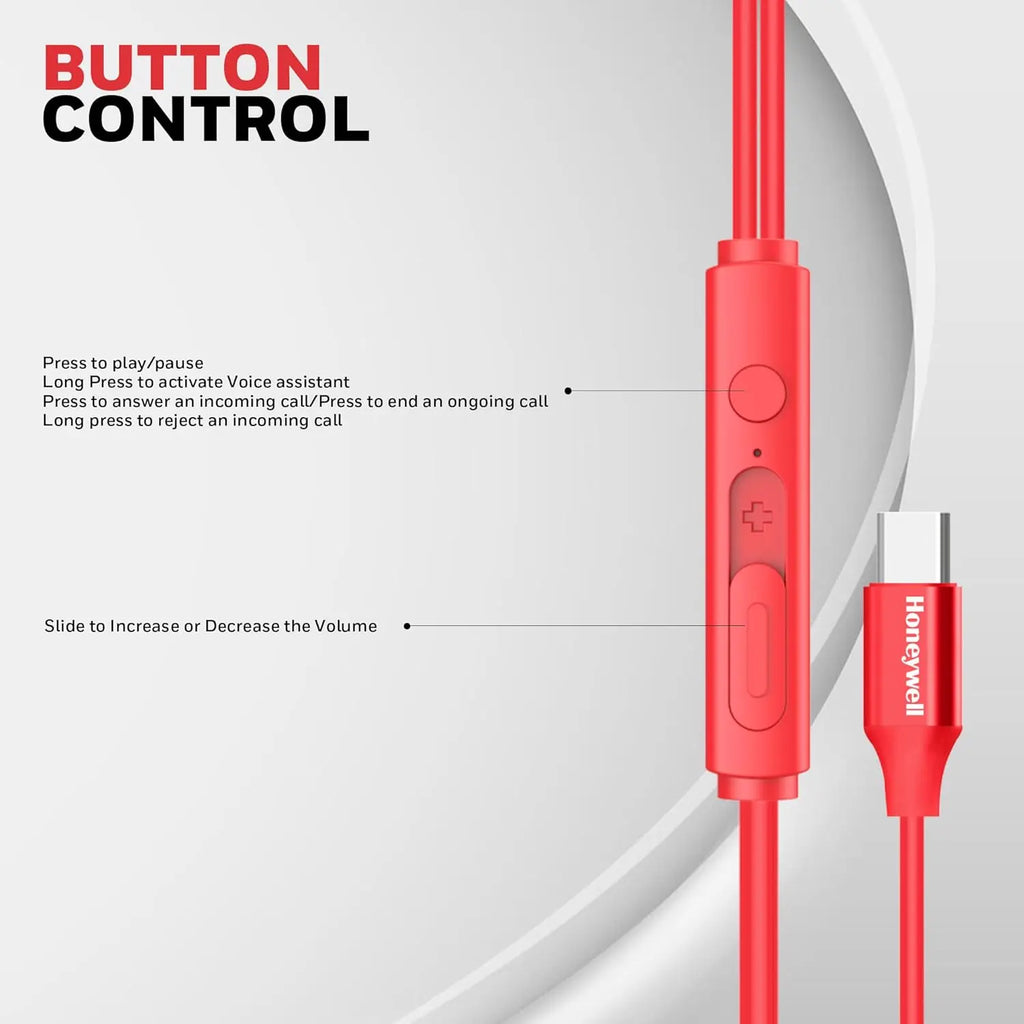 Honeywell Suono P60 Wired Earphones with Built in Mic, 10mm*2 Drivers, Passive Noise Cancellation, Deep Bass & Clear Sound, Ultra HD Mic Quality, Type C Compatible, Voice Assistant Enabled, 1.2 Mtr Red – TechCure India