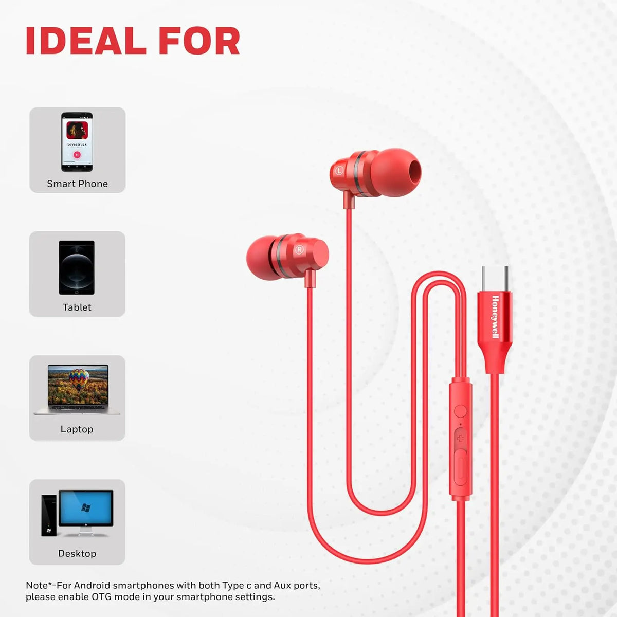 Honeywell Suono P60 Wired Earphones with Built in Mic, 10mm*2 Drivers, Passive Noise Cancellation, Deep Bass & Clear Sound, Ultra HD Mic Quality, Type C Compatible, Voice Assistant Enabled, 1.2 Mtr Red – TechCure India