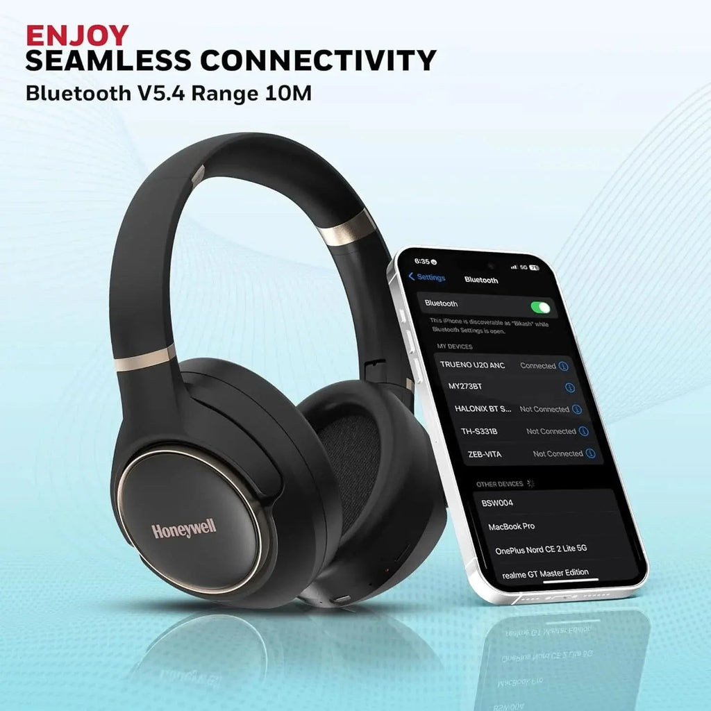 Honeywell Trueno U20 Bluetooth v5.4 Over-Ear Headphones with Mic, Hybrid ANC (Upto 30db), Spatial Audio &Head Tracking, 70H Playback, High-Res Sound, Dual Pairing, 40ms Low Latency, Quad Cable-Black – TechCure India