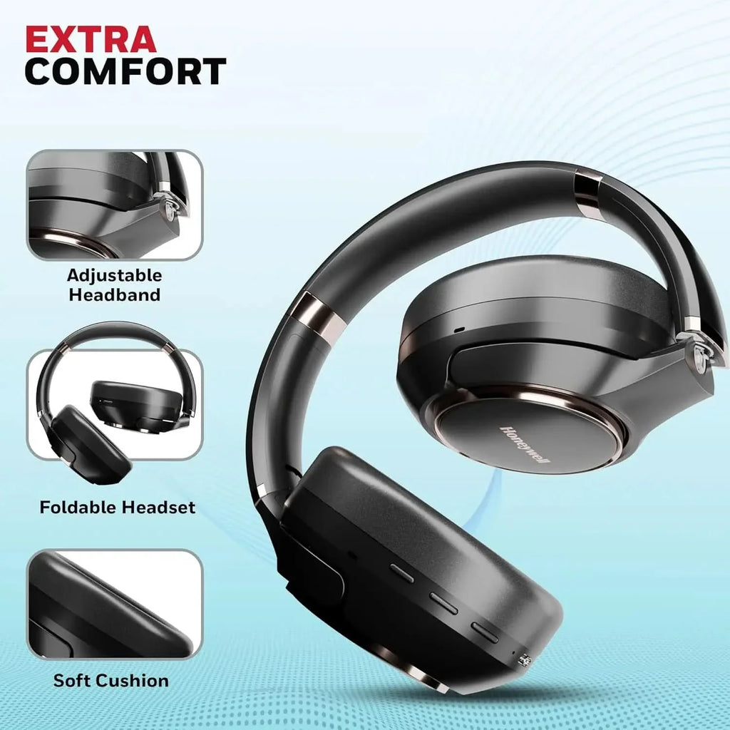 Honeywell Trueno U20 Bluetooth v5.4 Over-Ear Headphones with Mic, Hybrid ANC (Upto 30db), Spatial Audio &Head Tracking, 70H Playback, High-Res Sound, Dual Pairing, 40ms Low Latency, Quad Cable-Black – TechCure India
