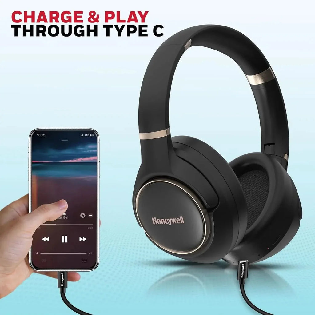 Honeywell Trueno U20 Bluetooth v5.4 Over-Ear Headphones with Mic, Hybrid ANC (Upto 30db), Spatial Audio &Head Tracking, 70H Playback, High-Res Sound, Dual Pairing, 40ms Low Latency, Quad Cable-Black – TechCure India