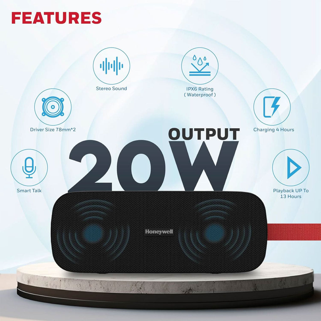 Honeywell Trueno U300 Bluetooth 5.3 Wireless Portable Speaker, 20W Output, Dual 78mm Drivers, Deep Bass, 13H Playtime, IPX6, TWS Pairing, SD/USB Type-C/AUX Support, Built-in Mic, 2-Year Warranty-Black – TechCure India