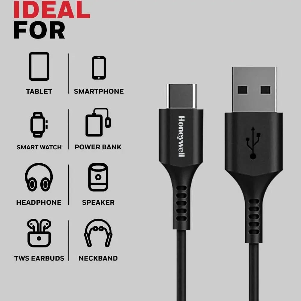 Honeywell USB 2.0 To Type C Cable 1.8Mtr(6 Feet), PD 60W, QC 3.0, Fast Charge & Sync Cable, Ultra Soft Silicone cable for Smartphone, Laptop,Power Bank, Tablet-(Black) – TechCure India
