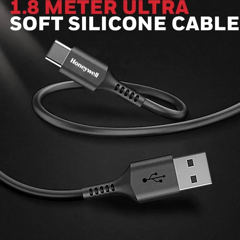 Honeywell USB 2.0 To Type C Cable 1.8Mtr(6 Feet), PD 60W, QC 3.0, Fast Charge & Sync Cable, Ultra Soft Silicone cable for Smartphone, Laptop,Power Bank, Tablet-(Black) – TechCure India
