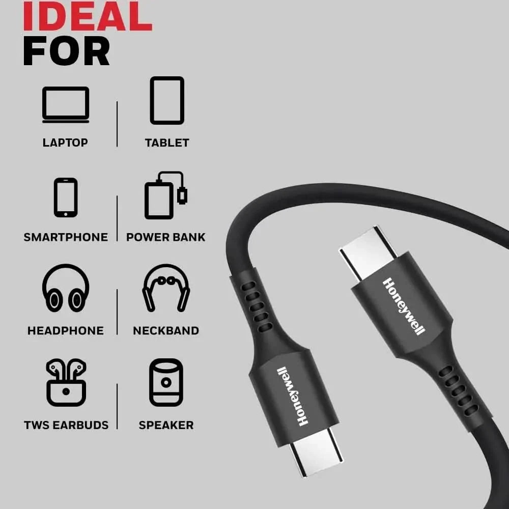 Honeywell USB 2.0 Type C To Type C Cable, 6 Feet(1.8M), PD 60W, QC 3.0, Fast Charging & Sync Cable, Ultra Soft Silicone cable for Smartphone, Laptop, Power Bank, Tablet- Black – TechCure India