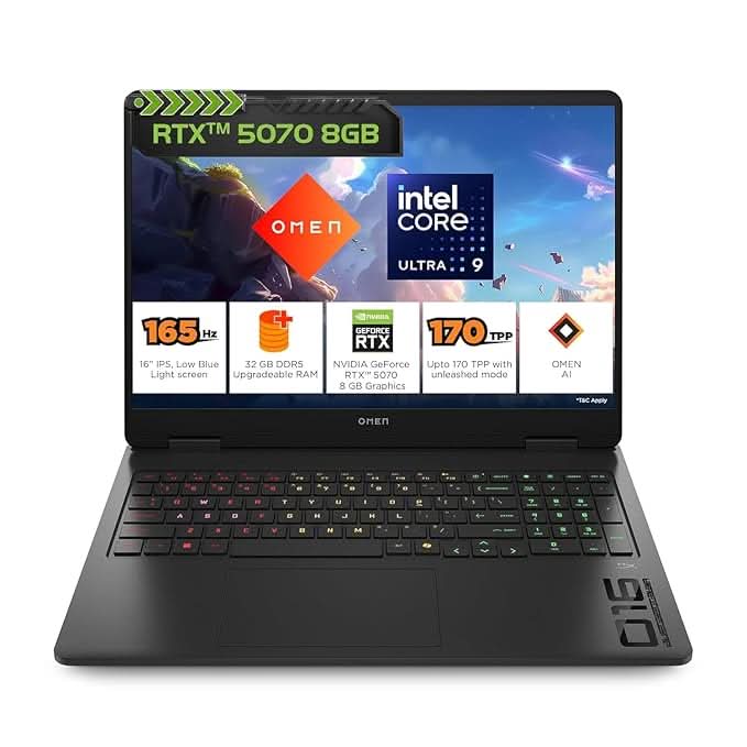 HP Omen, Intel Core Ultra 9 285H, 8GB RTX 5070, 32GB DDR5, 1TB SSD, 165Hz, 2k WUXGA, 3ms, 16 Inch 40.6cm, Win11, M365 Office24, Black, an0012TX, Unleashed Mode, RGB, AI Gaming Laptop – TechCure India