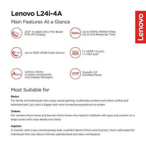 Lenovo L24i-4A 24 Inch FHD IPS Monitor White (67BCKAC6IN) – TechCure India