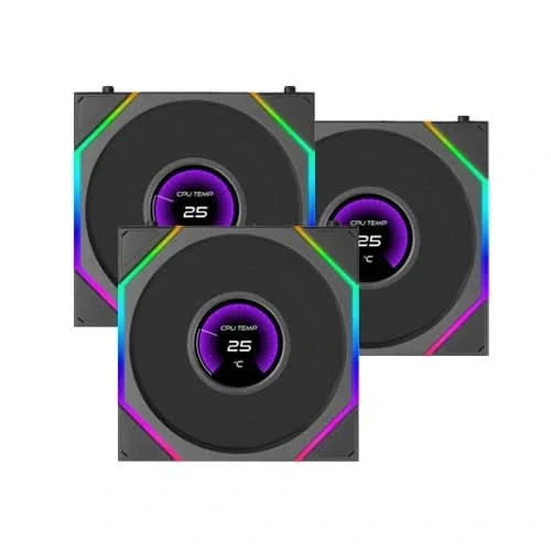 LIAN LI UNI FAN TL LCD FLEX Reverse Blade 120mm ARGB Case Fan 3-Pack Model 12RTLLCD1F3B – Black – TechCure India