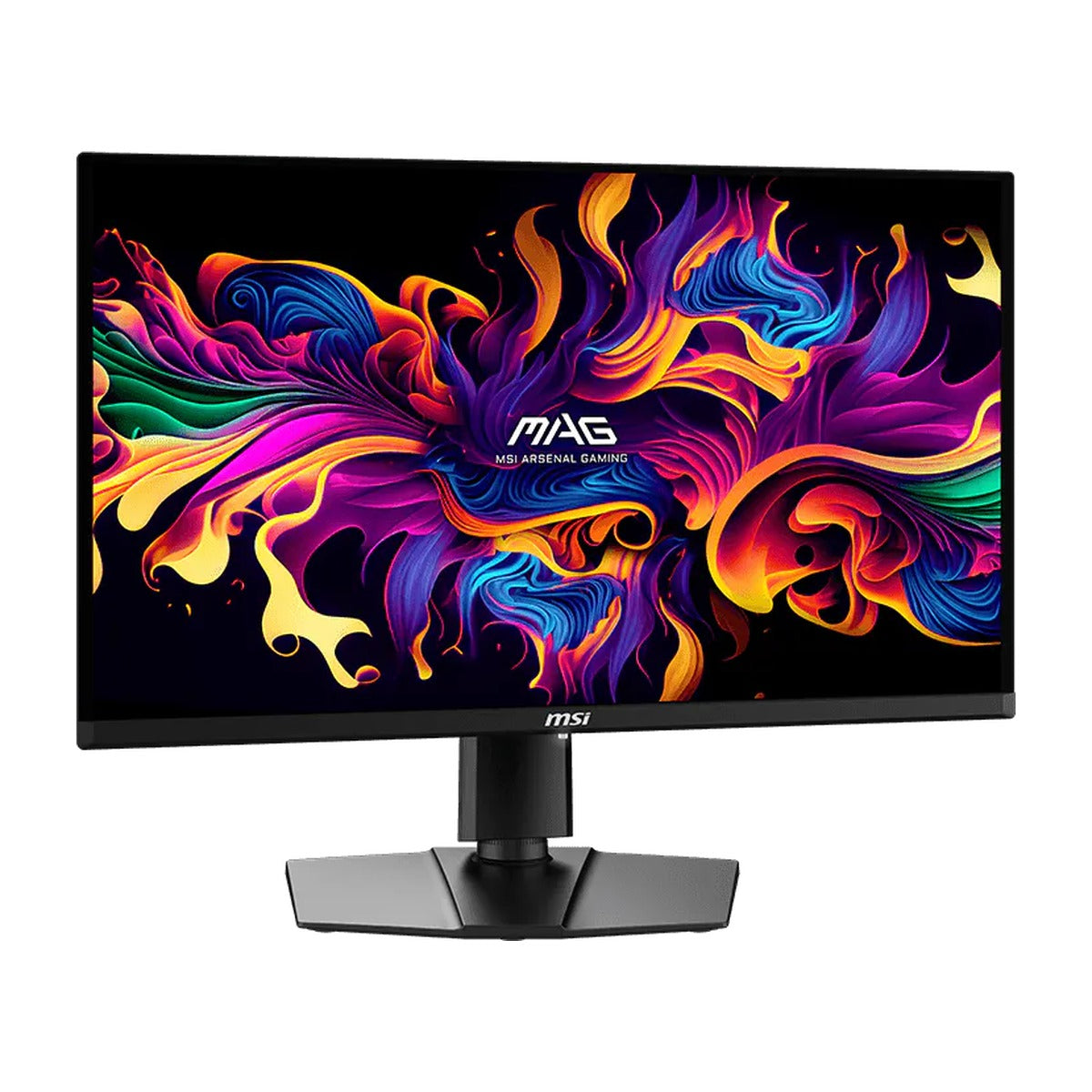 MAG 271QPX QD-OLED E2 - front angled view of MSI MAG 271QPX QD-OLED E2 monitor on stand