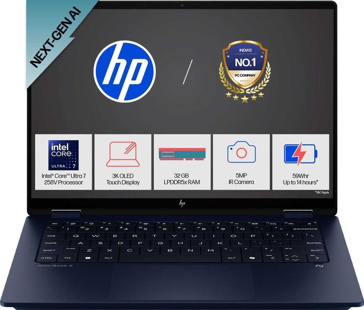HP OmniBook X Flip 14-FM0029TU, Intel Core Ultra 7 258V, 32GB RAM, 1TB SSD, Intel Graphics, Windows 11 Home, MS Office 24, 14 Inch OLED 3k Resolution Touch, 2 in 1 Laptop, 1.38 Kg, Blue – TechCure India