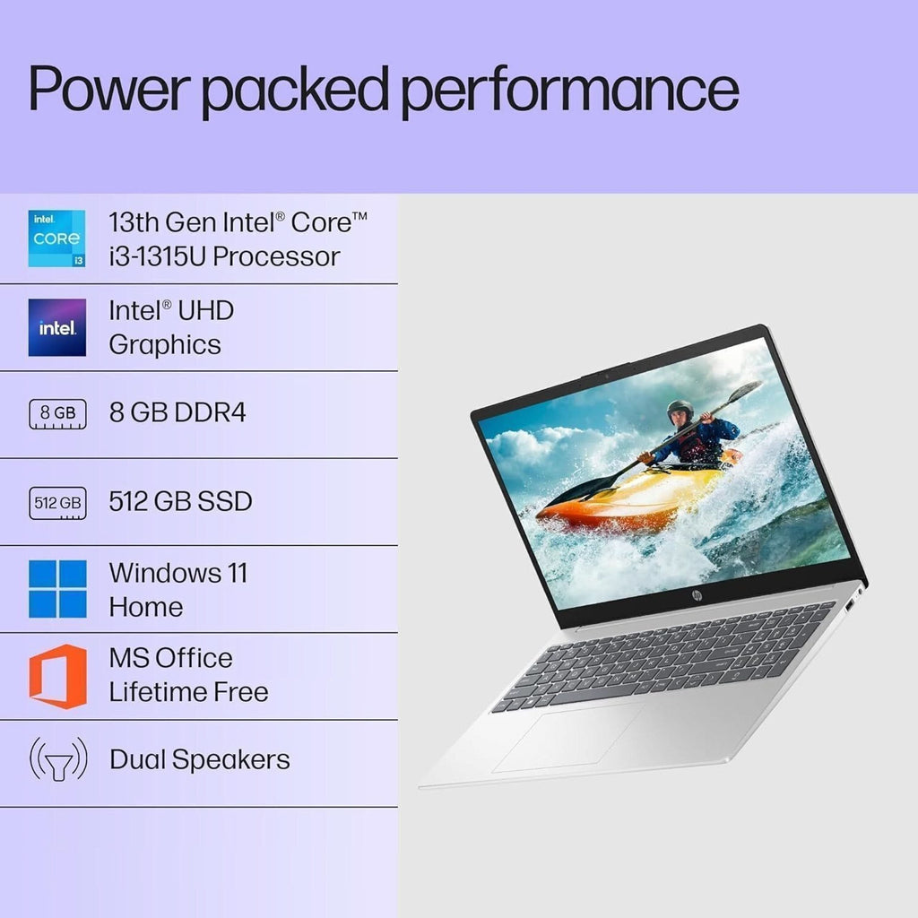 HP 15-FD0668TU Intel i3 13th Gen 1315U, 16GB RAM, 512 GB SSD, Windows 11 Home, 15.6 Inch FHD IPS Anti-Glare Micro-Edge Display, Win11, MS Office 24, 1.59 Kg, Silver – TechCure India
