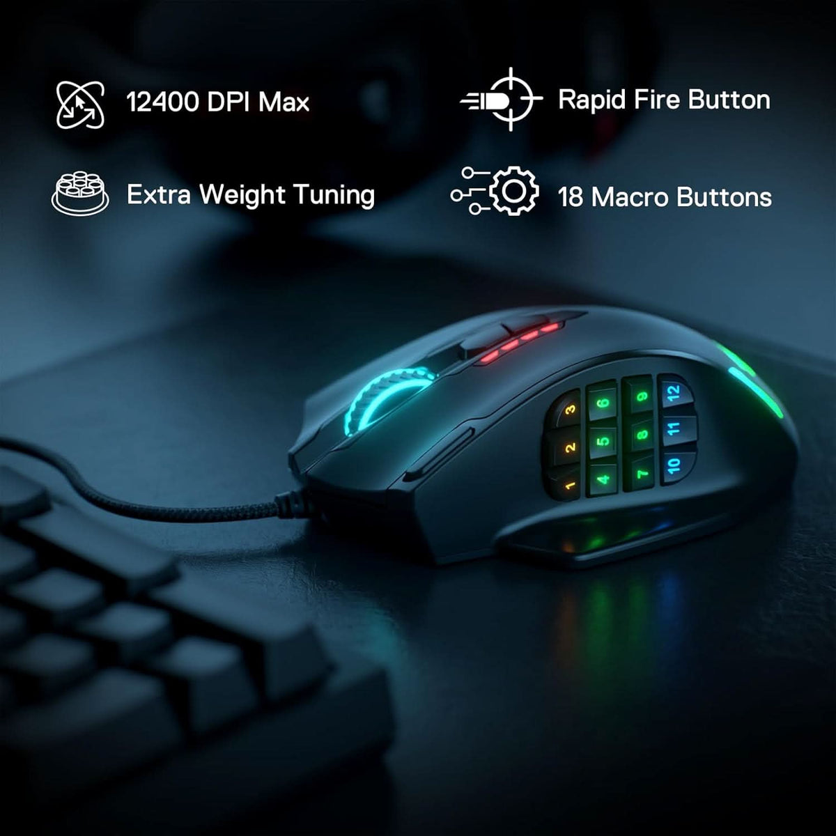 REDRAGON IMPACT M908 RGB LED MMO USB WIRED GAMING MOUSE (BLACK) – photo 2 – TechCure India