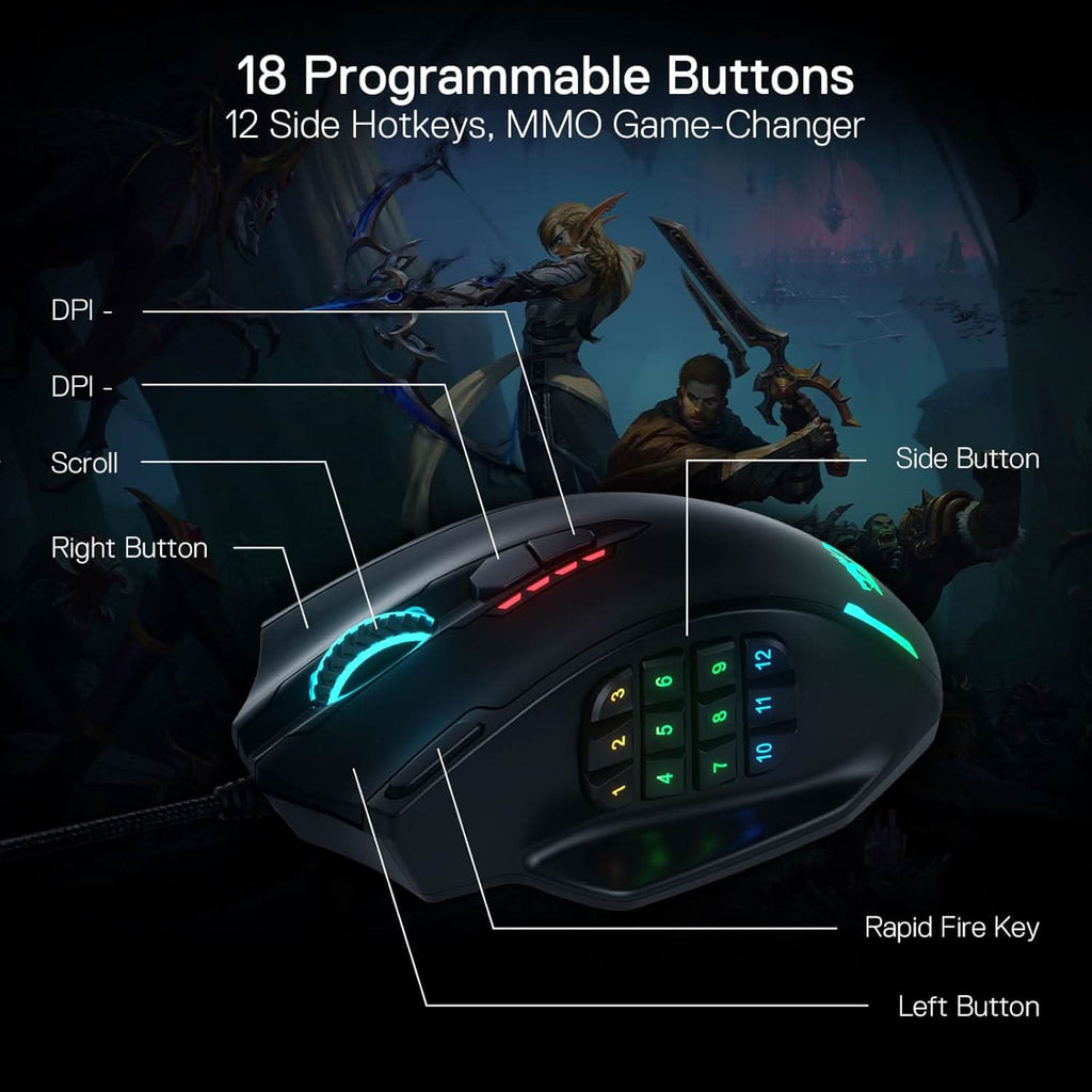 REDRAGON IMPACT M908 RGB LED MMO USB WIRED GAMING MOUSE (BLACK) – photo 4 – TechCure India
