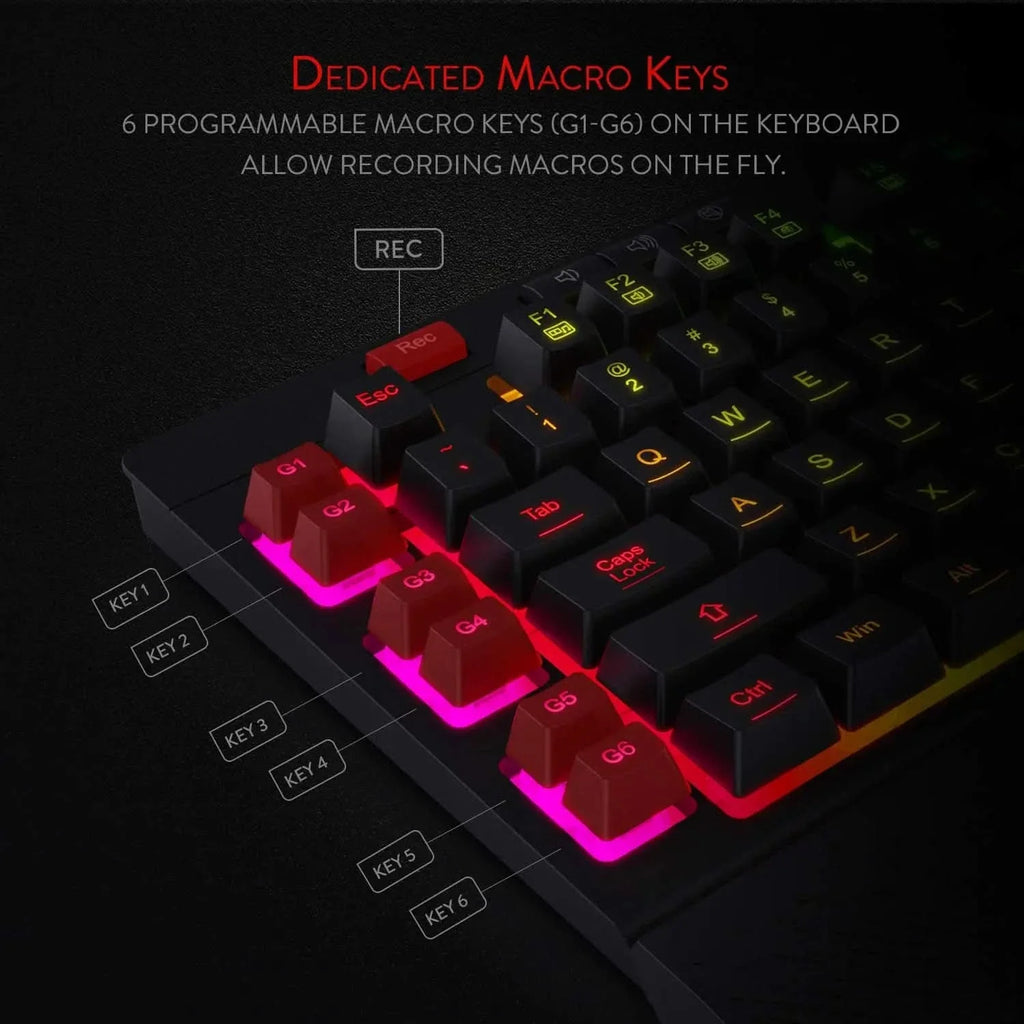 Redragon Shiva K512 RGB Backlit Membrane Wired Gaming Keyboard with Multimedia Keys, 6 Extra On-Board Macro Keys, Dedicated Media Control (Black) – TechCure India