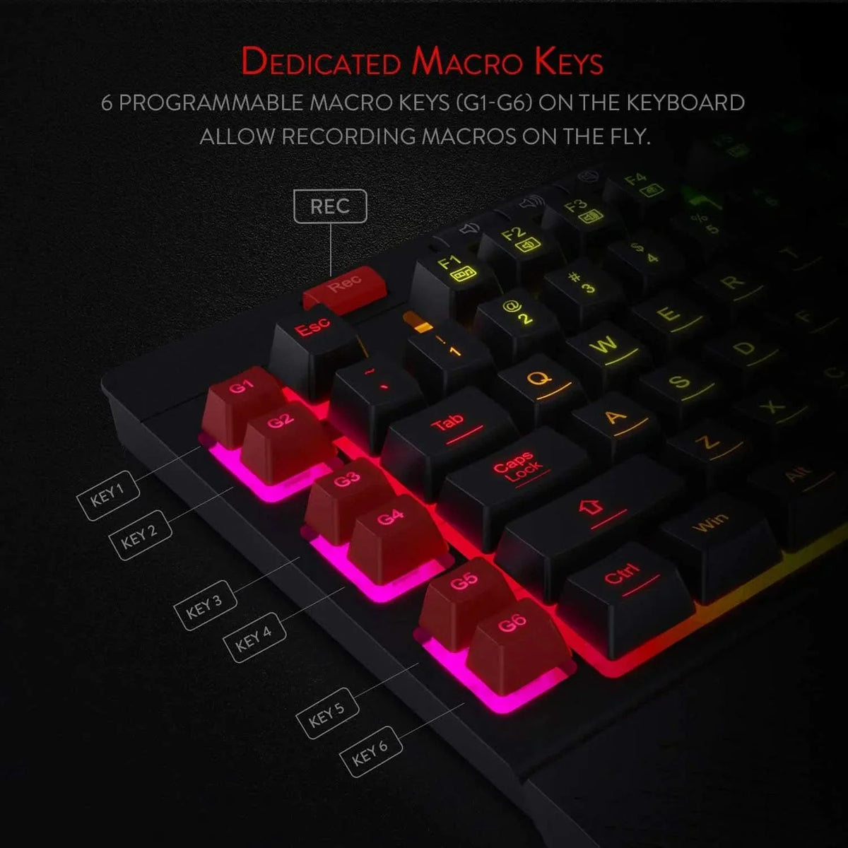 Redragon Shiva K512 RGB Backlit Membrane Wired Gaming Keyboard with Multimedia Keys, 6 Extra On-Board Macro Keys, Dedicated Media Control (Black) – TechCure India