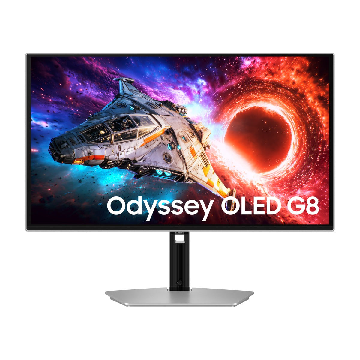Samsung Odyssey OLED G8 G80SH 27-inch 4K 240Hz QD-OLED Gaming Monitor - LS27HG800SW — Front view of the Samsung Odyssey OLED G8 monitor on its silver stand. The screen shows a spaceship and black hole artwork with the 'Odyssey OLED G8' name. The back