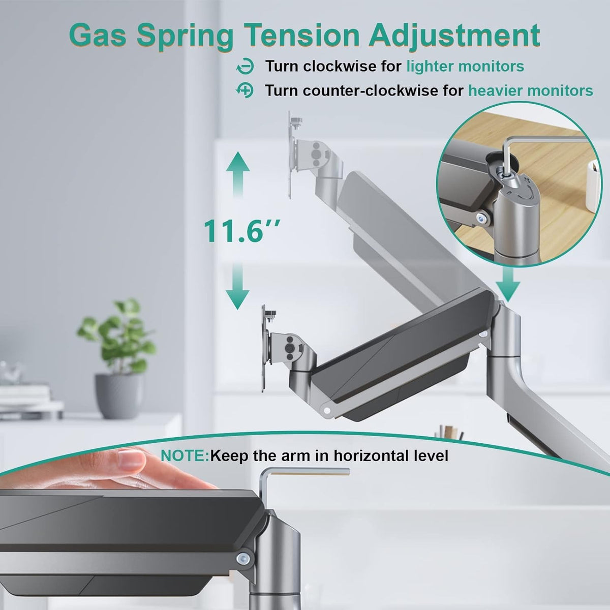 Single Monitor Heavy Duty Spring Monitor Arm – Premium Silver Aluminium Arm for Heavy Monitors (for 13″-46″ Monitors/ 18kg capacity) — image 4