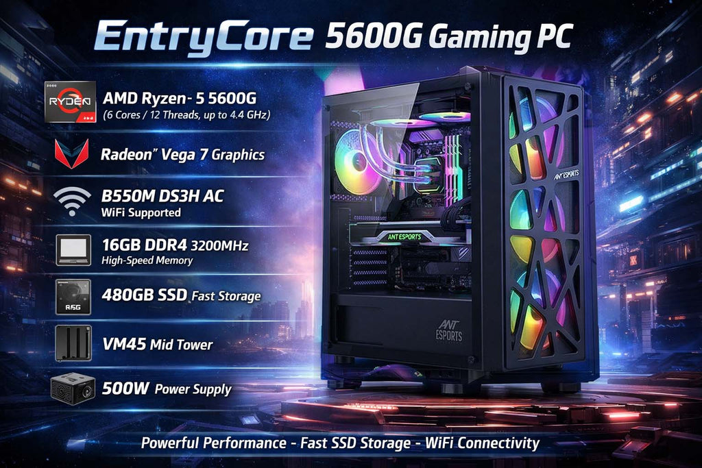 TechCure Home & Office PC – AMD Ryzen 5 5600G, Integrated Graphics, 16GB DDR4, 480GB SSD
