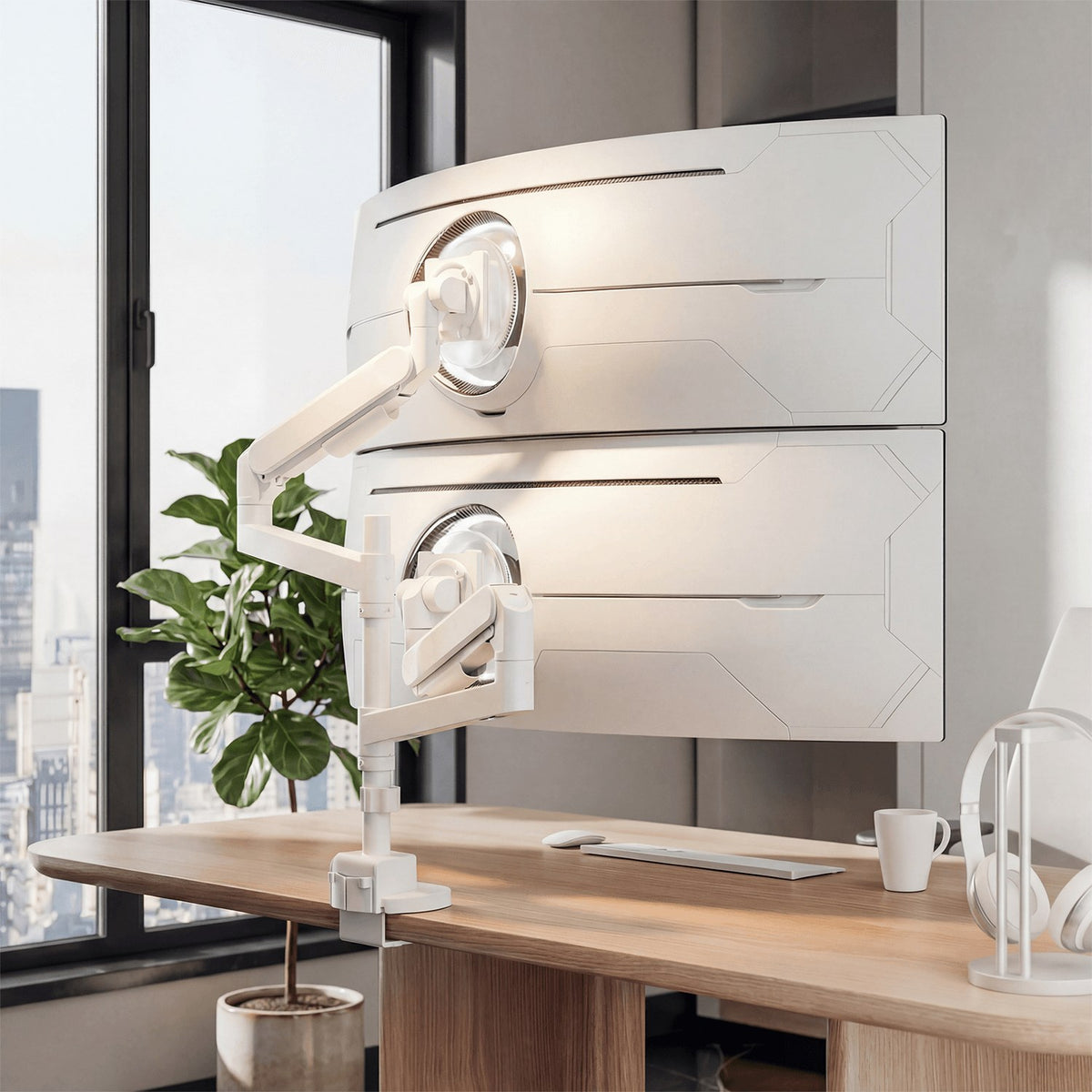 White Pro Motion Arm G57.2 holding two large curved monitors on a desk - TechCure India