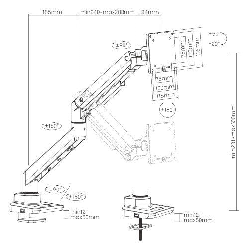 White Gas Spring Monitor Arm For Heavy and Ultrawide Monitors (for 13″-49″ Monitors/ 20kg capacity) — image 12