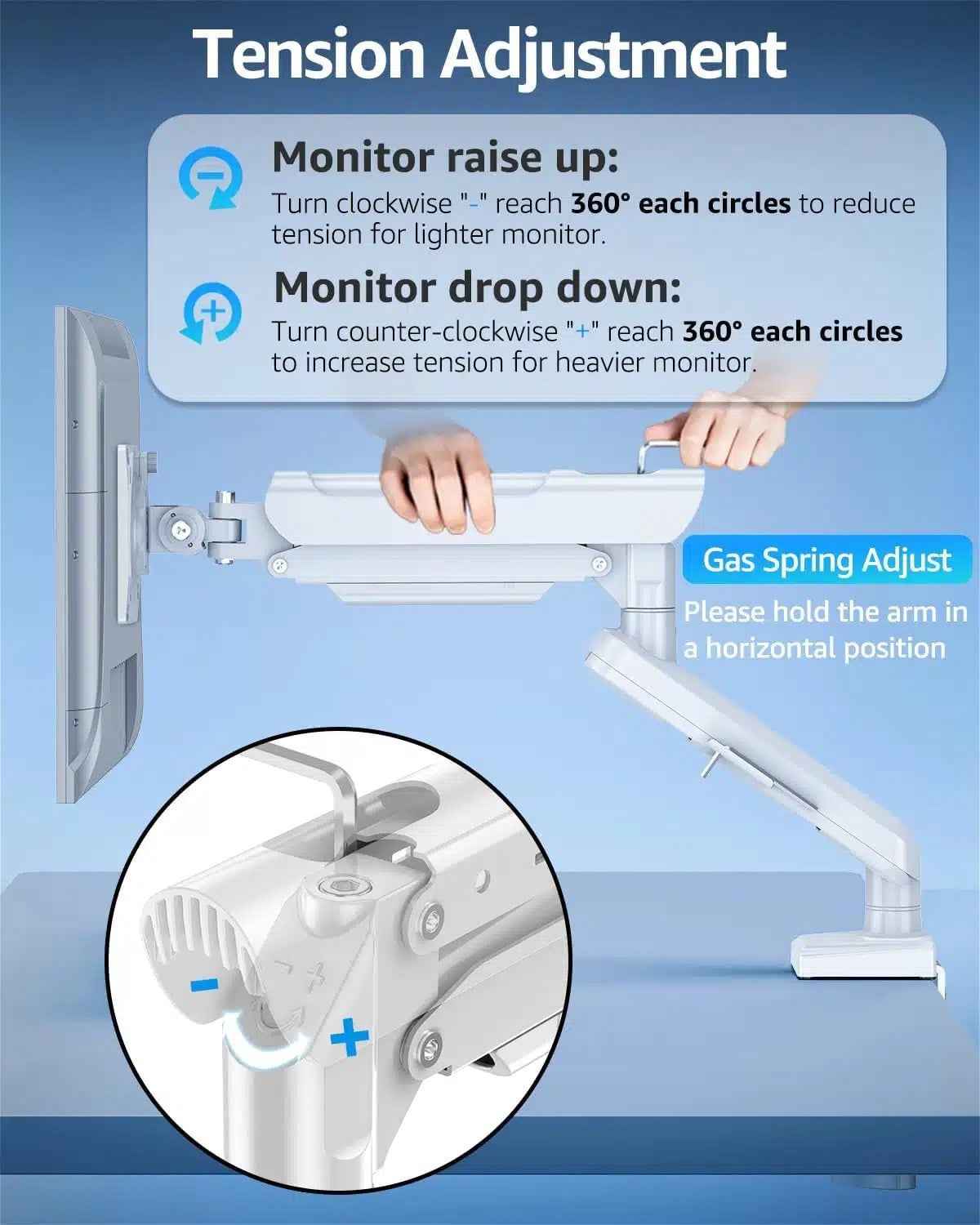 White Gas Spring Monitor Arm For Heavy and Ultrawide Monitors (for 13″-49″ Monitors/ 20kg capacity) — image 8