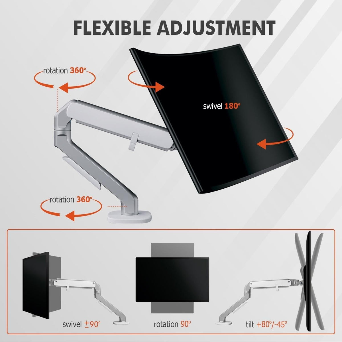 White & Grey Spring Assisted Fully Flexible Monitor Arm – For 13–32 inch Monitor – 9kg capacity — image 3