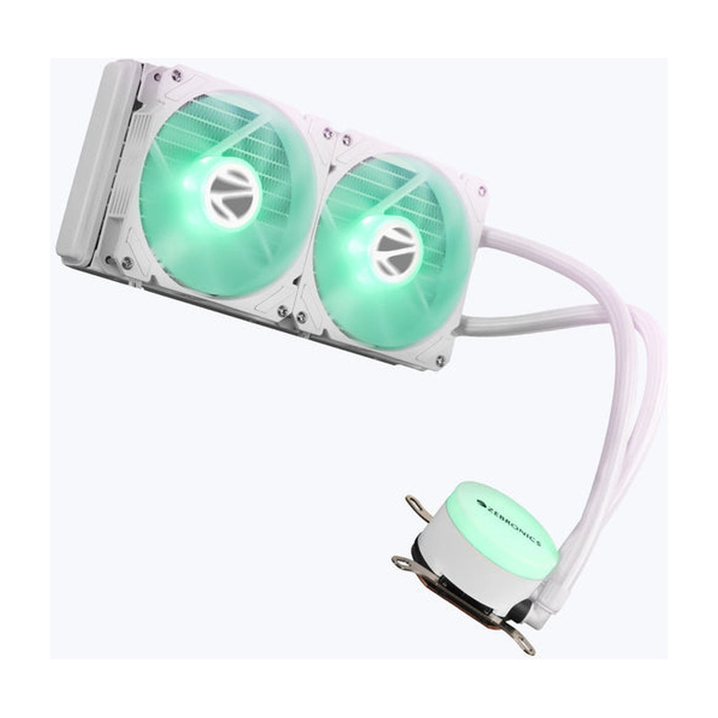 ZEBRONICS AIO240VB/W AIO Cooler - angled view of radiator and pump