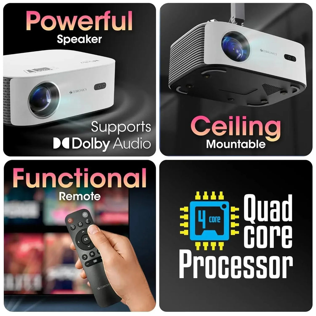 ZEBRONICS PIXAPLAY 17, Smart LED Projector, 6000 Lumens, 4K Support, Dolby Audio, 224 Inch Screen Size, HDMI, USB, WiFi, 1080p Native, APP Support, Miracast, Auto Keystone – TechCure India