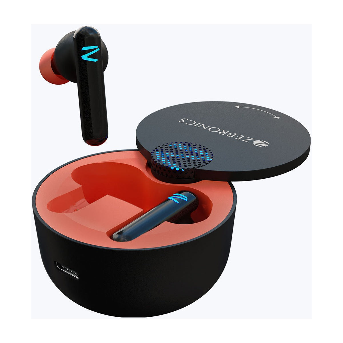 ZEBRONICS Sound Bomb G1 Gaming Earbud - perspective view of earbuds and charging case
